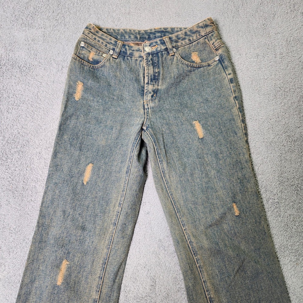 Newport News Womens 4 Jeanology Straight Leg Blue Distressed High Rise Jeans